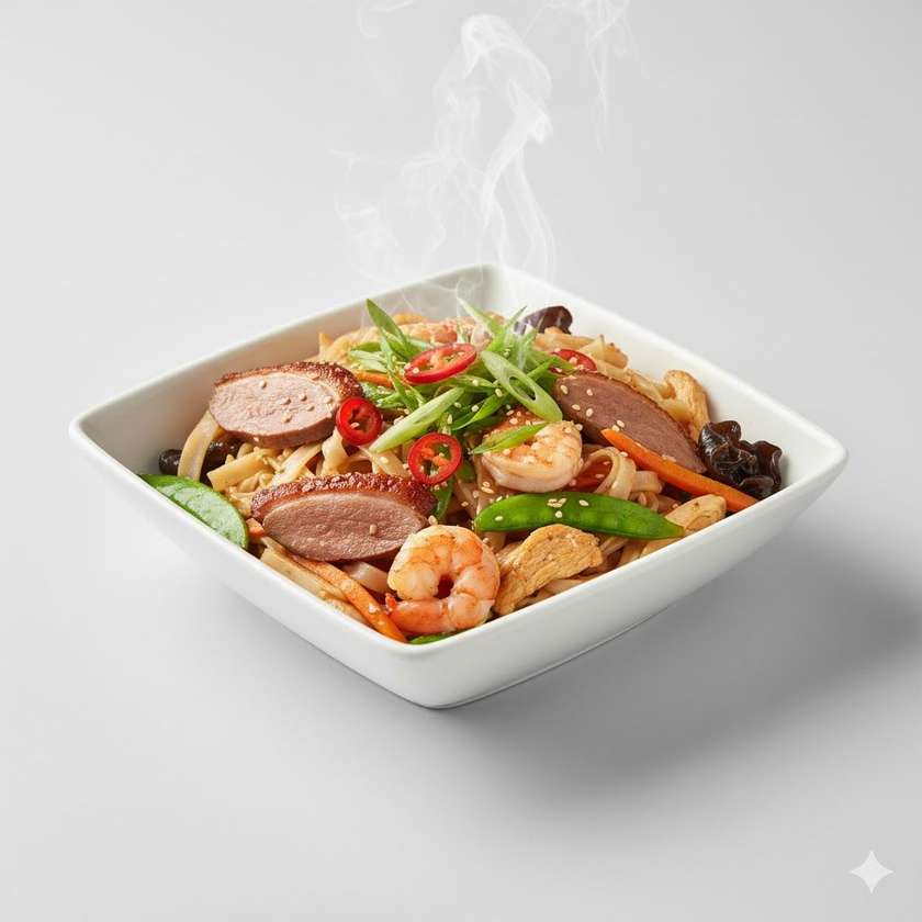 134 Opražené ryžové rezance s troma druhmi mäso