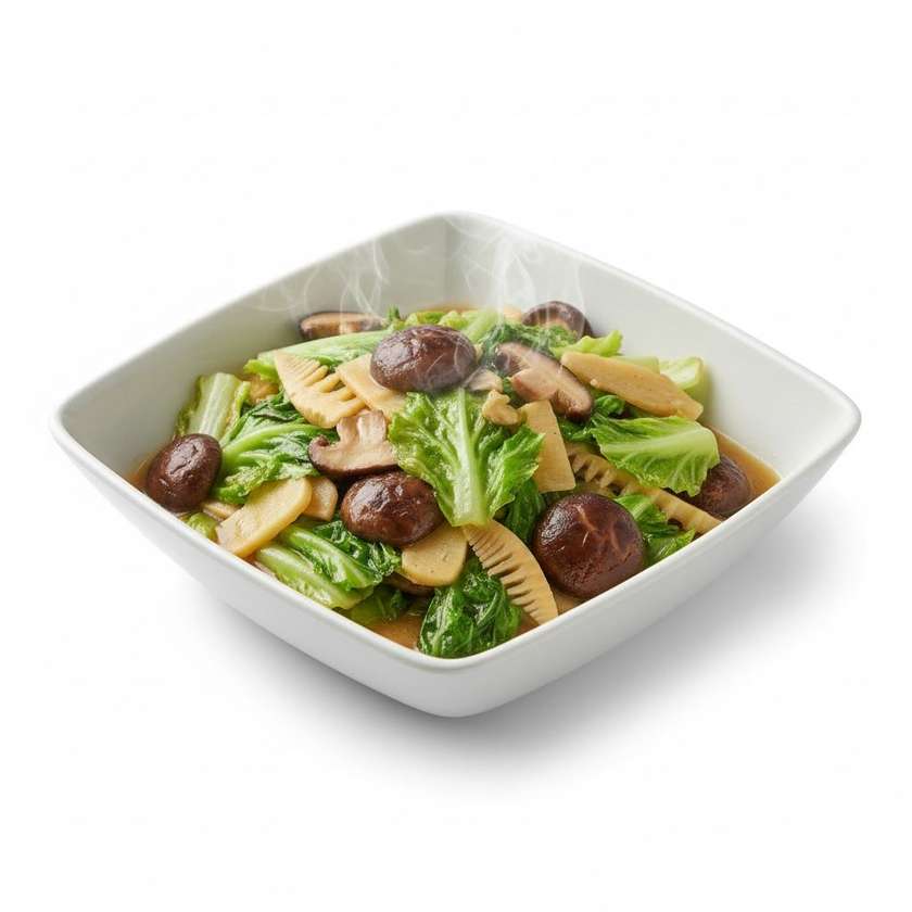 113. Pražená čínska kapusta s bambusovými výhonkami a hubami