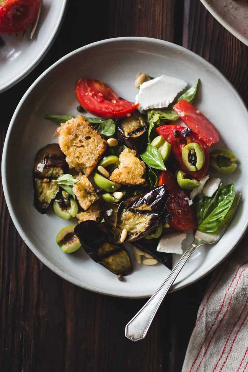 Eggplant Salad Tapas (No Mayonnaise) with Sourdough Bread and Tomatoes