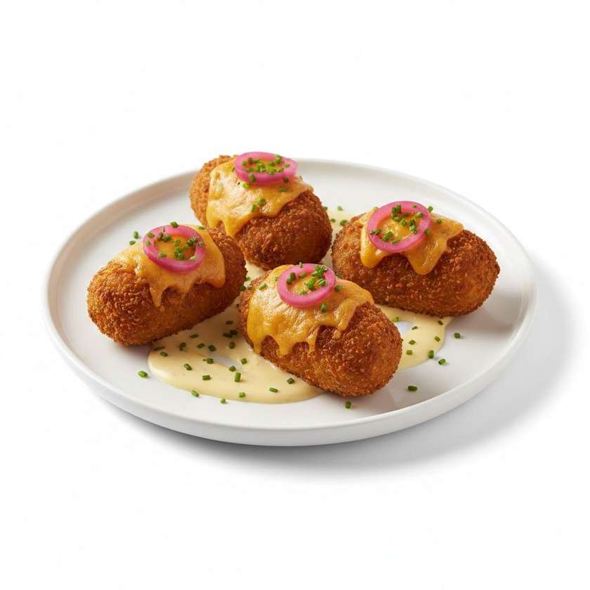 Krokety z trhaného bravčového mäsa s cheddarom, nakladaná cibuľka, dressing