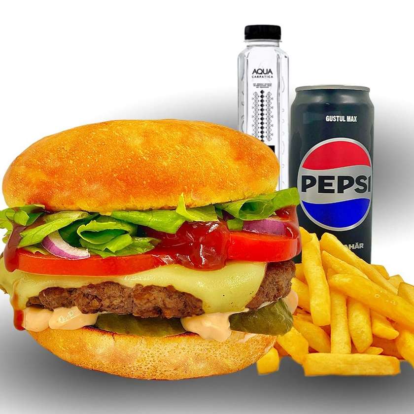 American beef cheeseburger meal