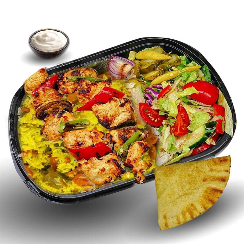 Chicken Skewer Platter with Vegetables and Rice