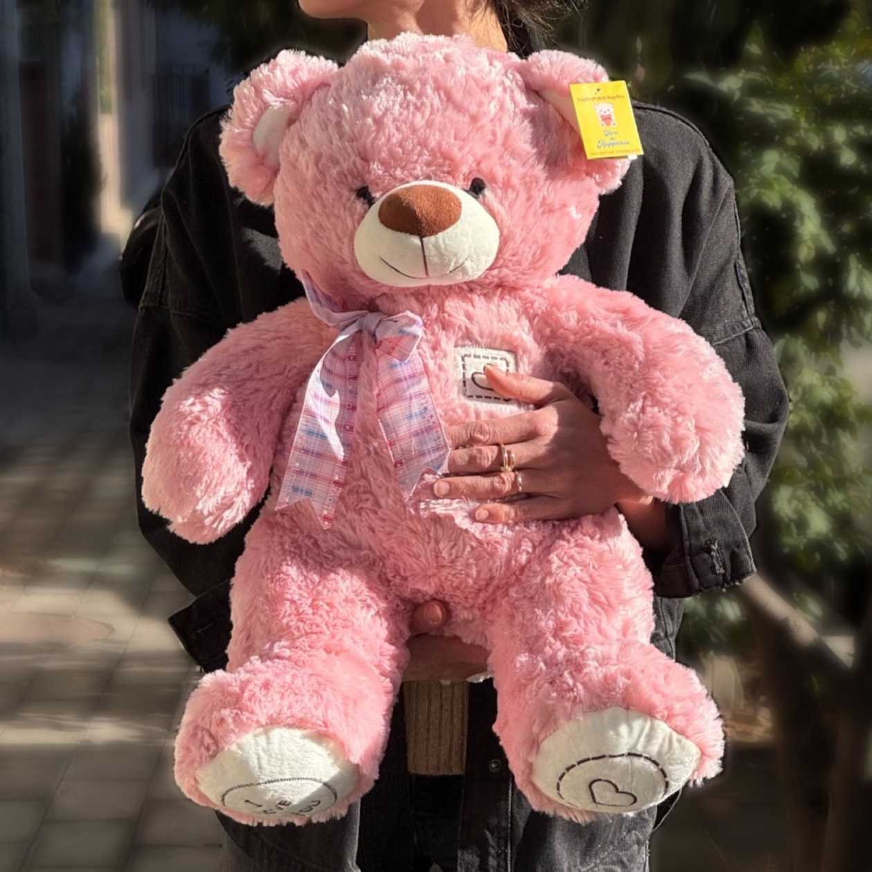 Soft toy teddy bear pink with checkered bow