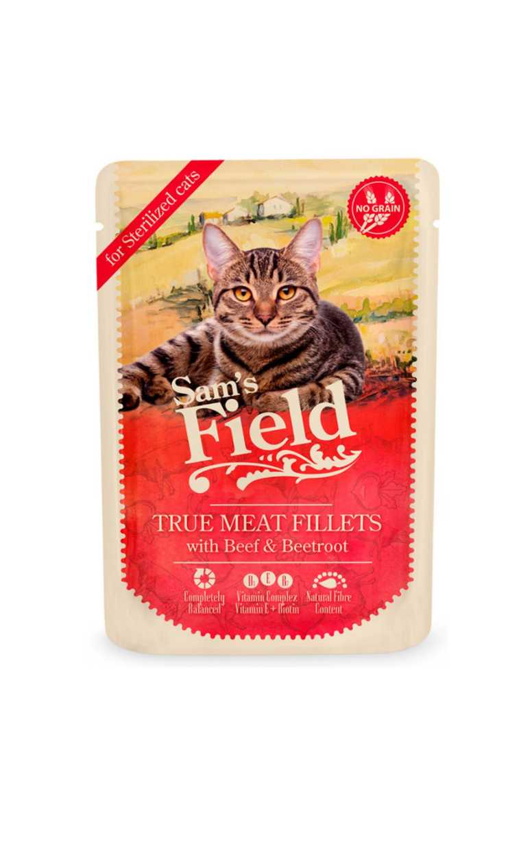 SAM'S FIELD True Meat Fillets Sterilized, Beef, Grain-Free Wet Cat Food Pouch for Sterilized Cats