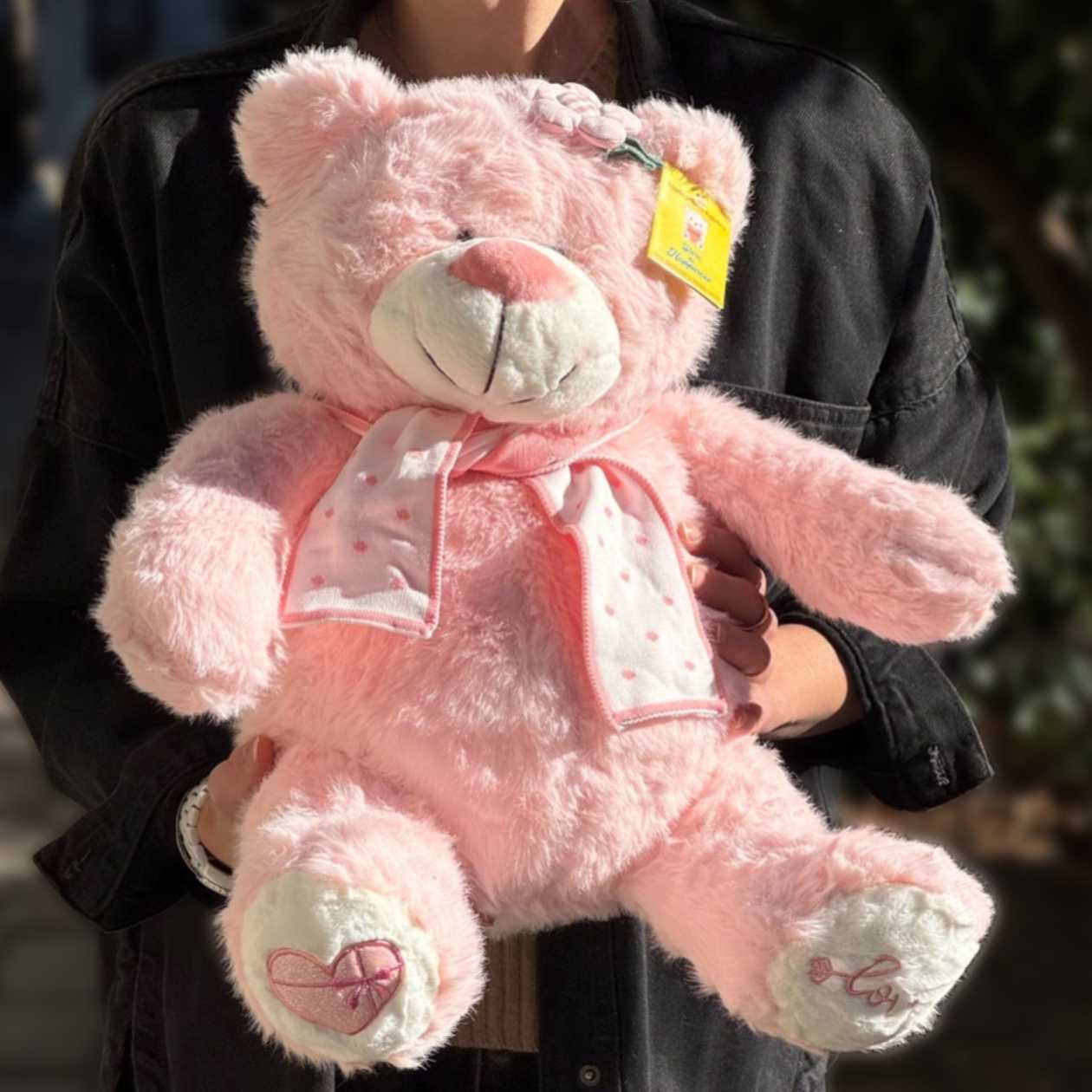 Soft toy teddy bear pink with white scarf