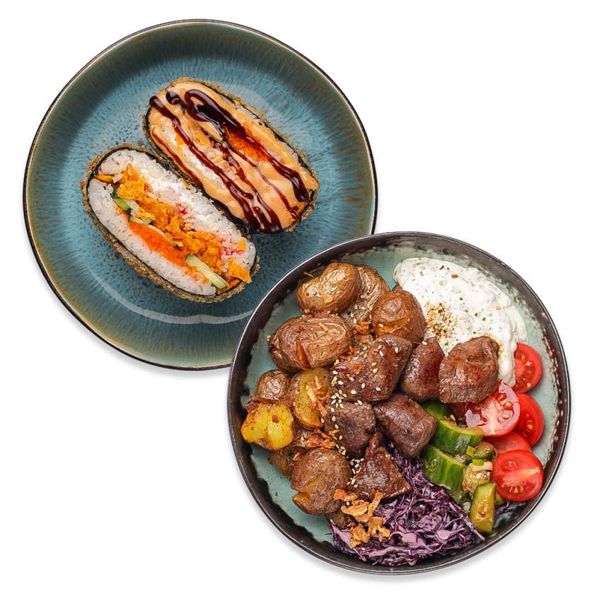 Боул з яловичиною+ Суші-бургер з крабом