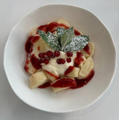 Deep-Fried Curd Fritters with Strawberry Jam and Sour Cream