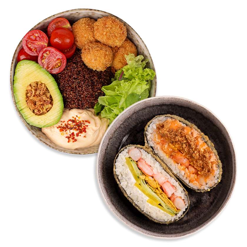 Салмон кранч боул+ Суші-бургер з креветками