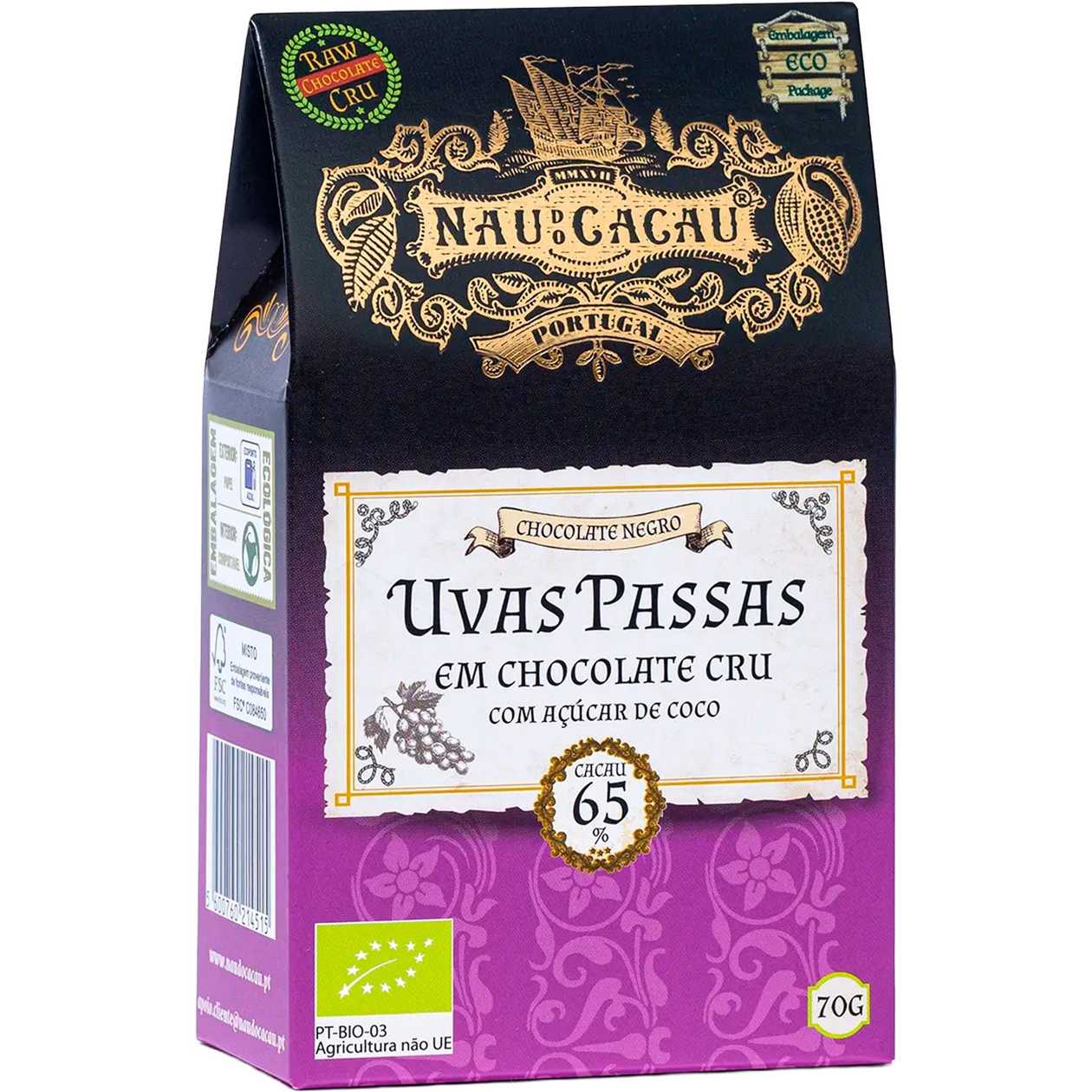 Uvas Passas em Chocolate Cru Nau do Cacau 65% 70g