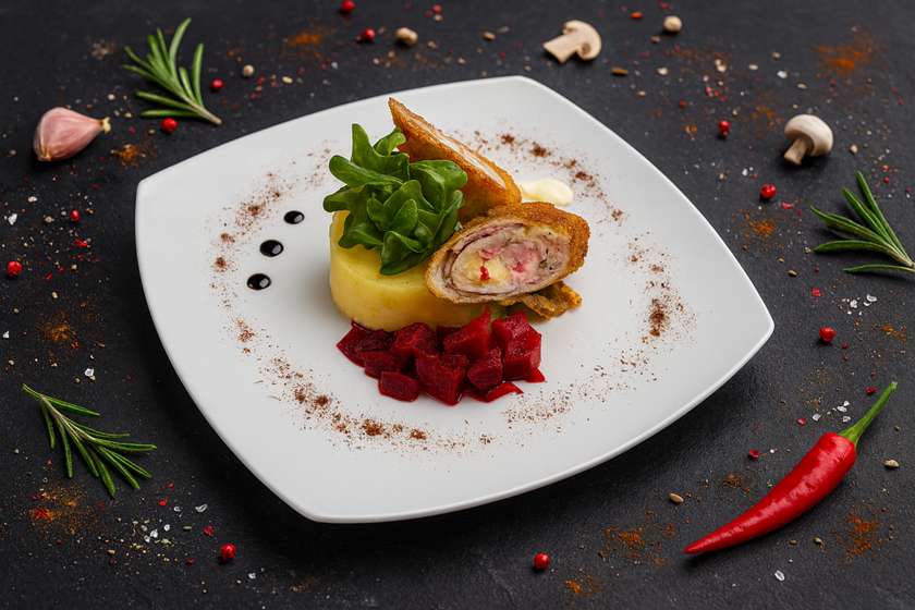 Rulou de porc pane cu piure de cartofi