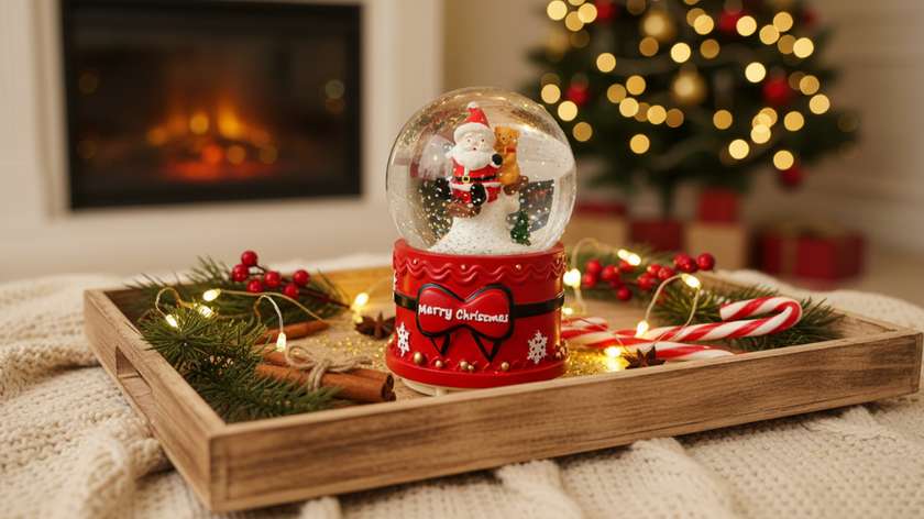 Merry Christmas Musical Snow Globe with Skiing Santa and Bear (Large)