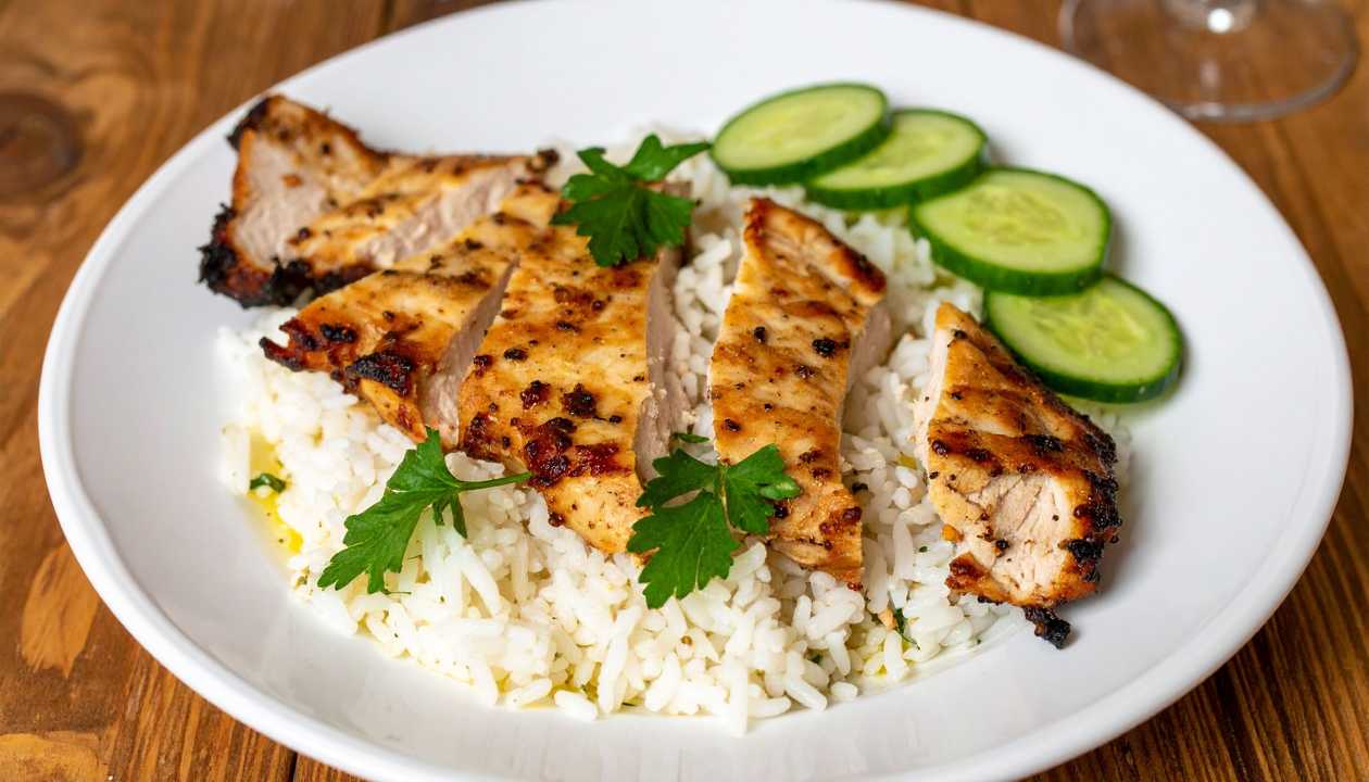 Chicken breasts au naturel with rice and peach compote