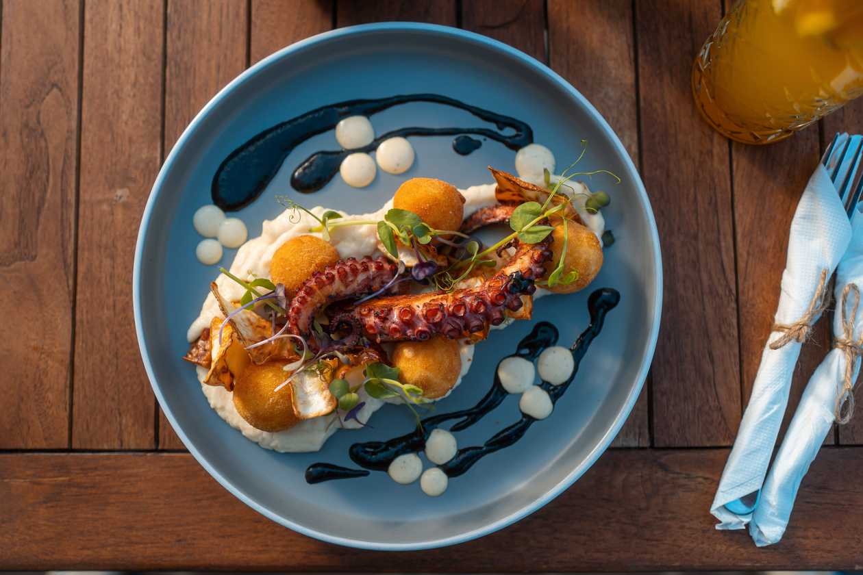 Grilovaná chobotinica, zelerové pyré, domáce zemiakové krokety, sépiové veloute, dijon majonéza