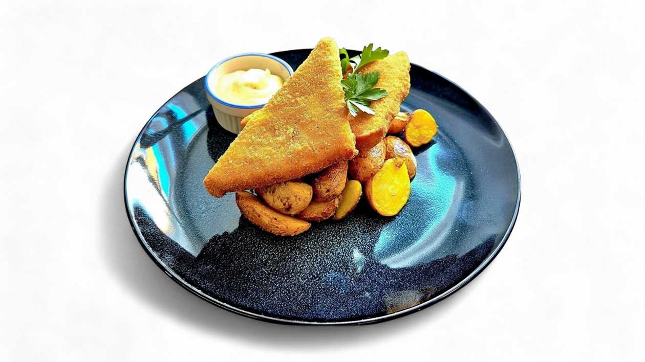 150g Vyprážaný syr, maslové varené baby zemiaky s vňaťou, domáca tatárska omáčka