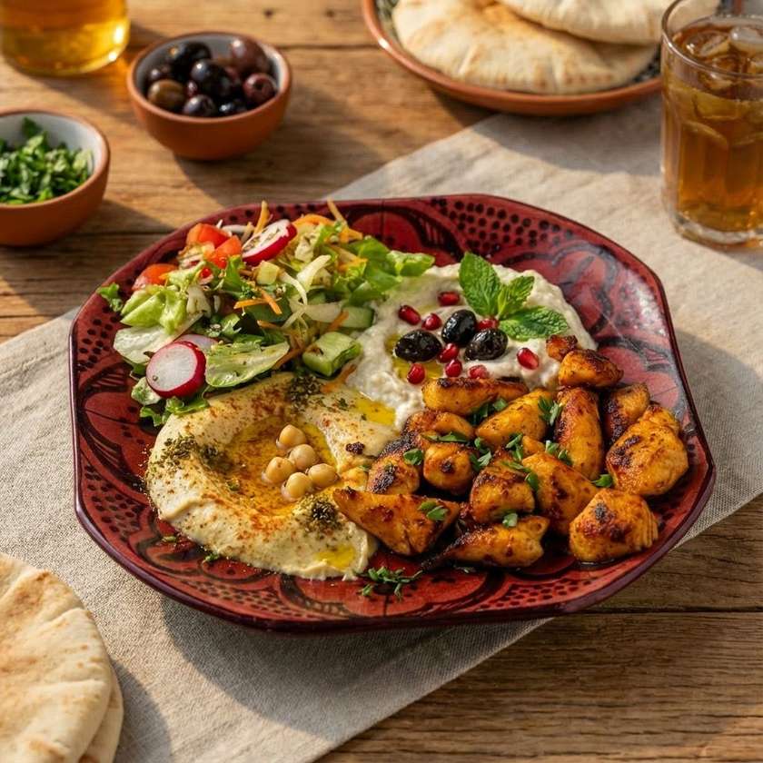 Náš talíř kuřecího gyrosu s hummusem a baba ghanoush