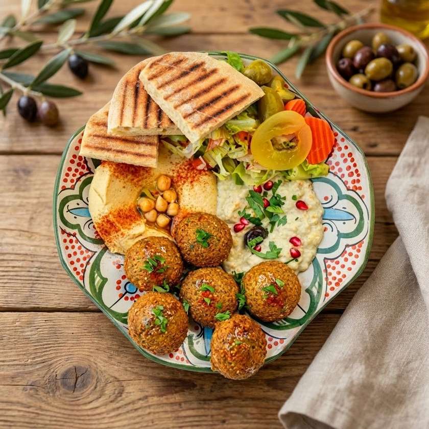 8ks Falafel talíř - hummus - salát - pita menu