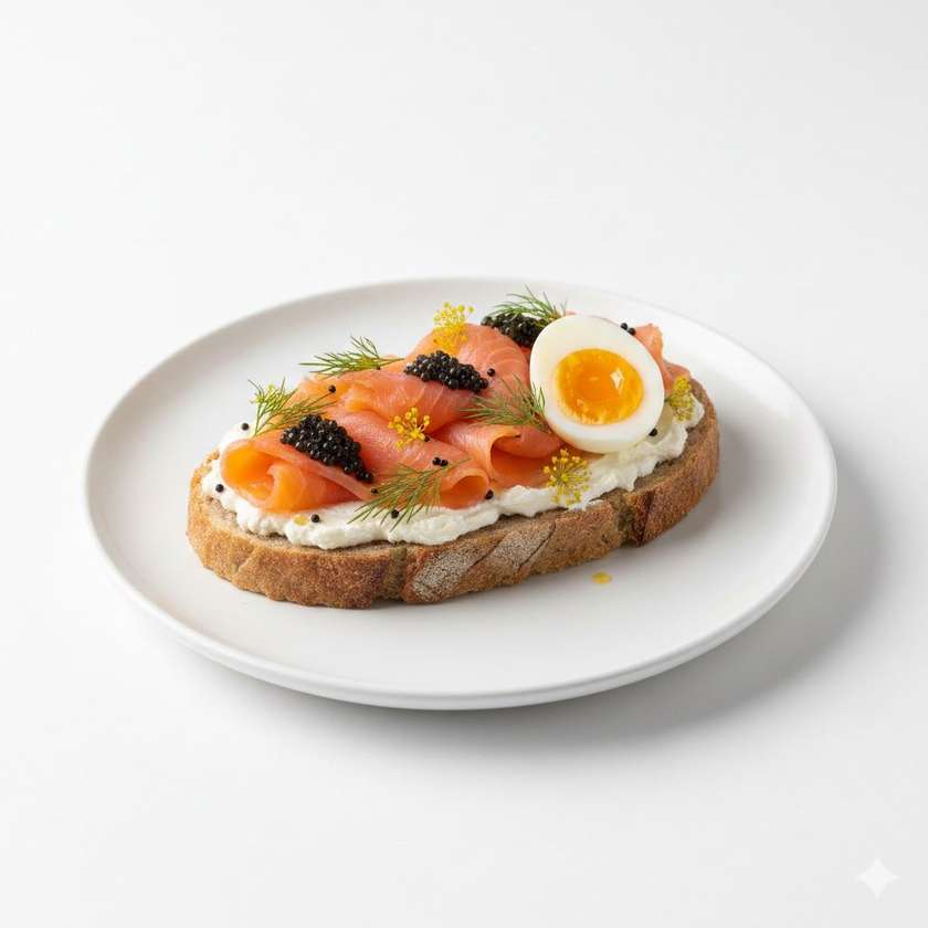 Bread with creamy mascarpone, smoked salmon, caviar, egg, and dill