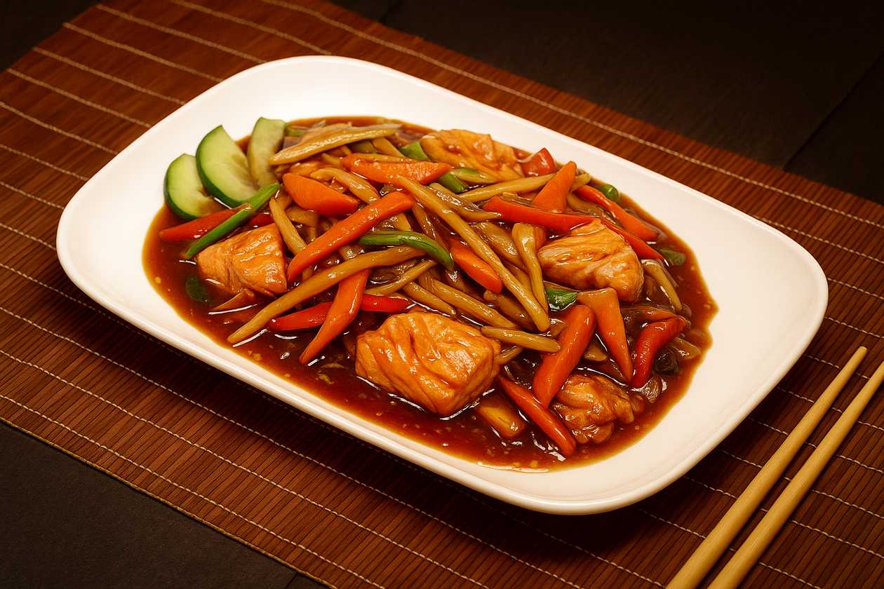 E9 Lašiša su daržovėmis sojos padaže