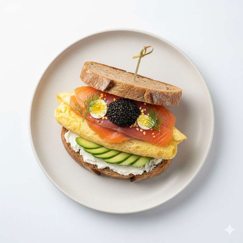 Sandwich with Avocado, Smoked Salmon and Omelette