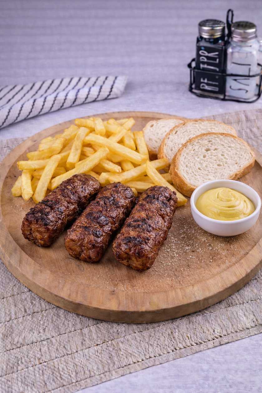 Mici with Fries, Bread and Mustard