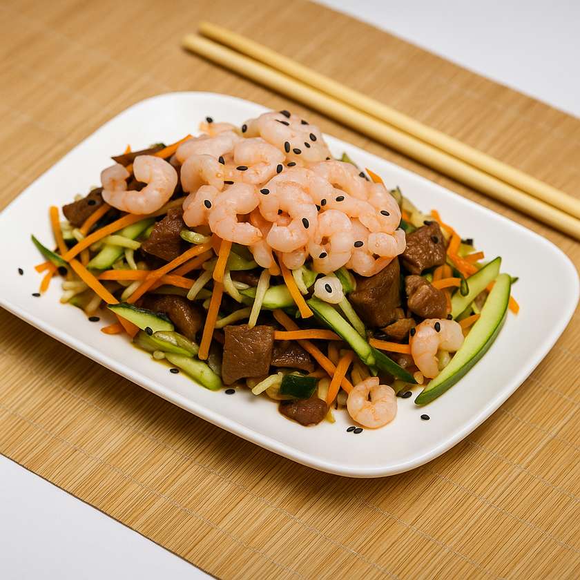 A6 Kiniškos salotos su krevetėmis