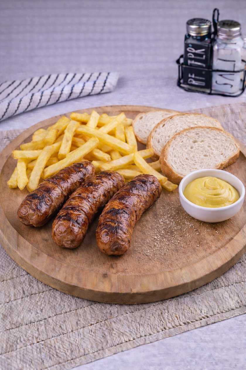 Sausages with Fries, Bread and Mustard