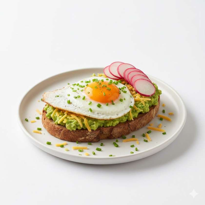 Bread with guacamole, fried egg, cheddar, radishes and chives