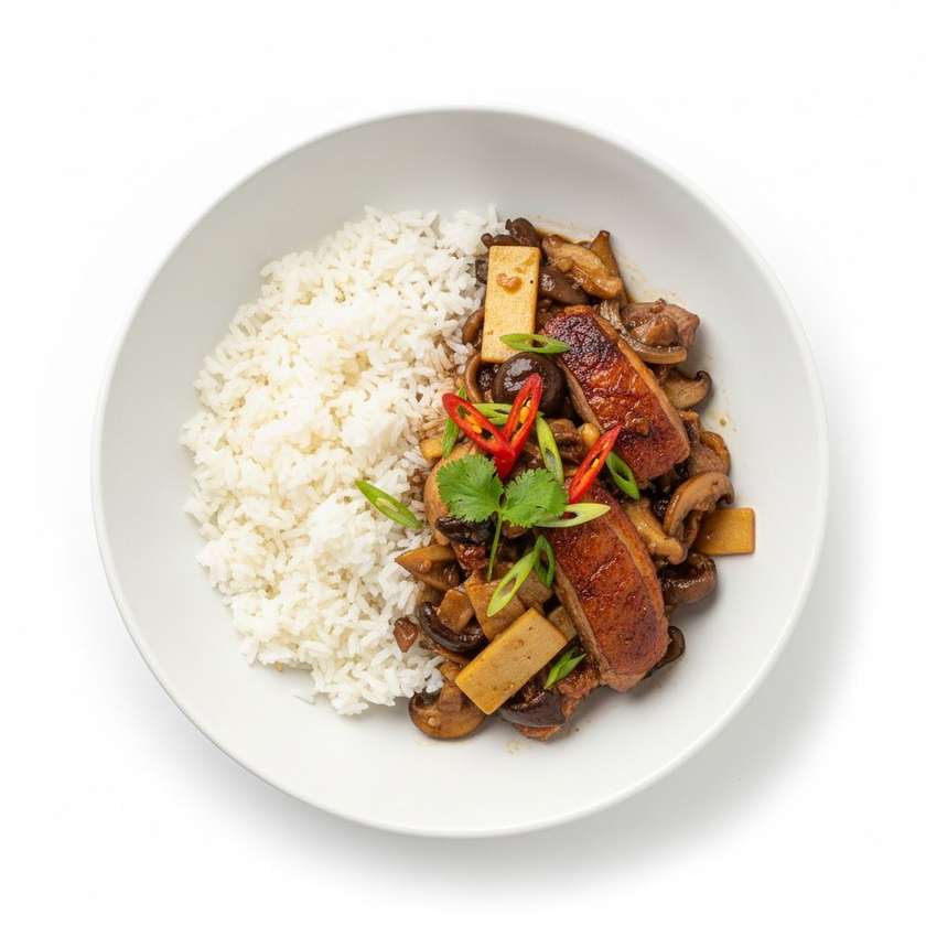 Kachna s bambusem, houbami a rýží