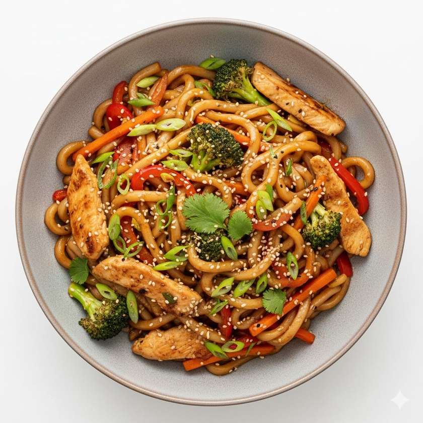 Smažené udon nudle s kuřecím masem