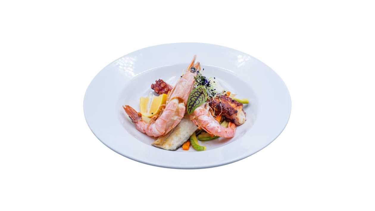 Grilled Fish and Shellfish Mix with Vegetables