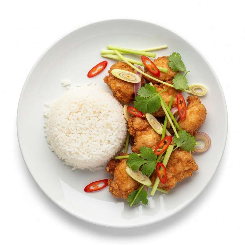 Smažené kuřecí s citrónovou trávou, chilli a rýží