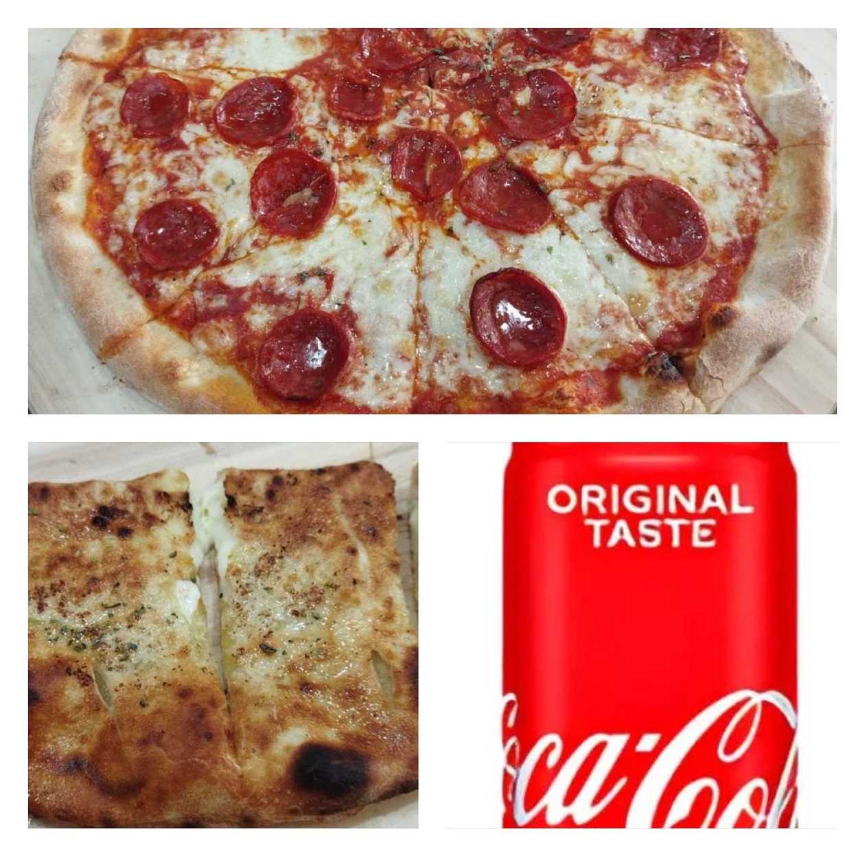 Pizza de Pepperoni + Garlic Bread With Mozzarella + Coca-Cola 33cl