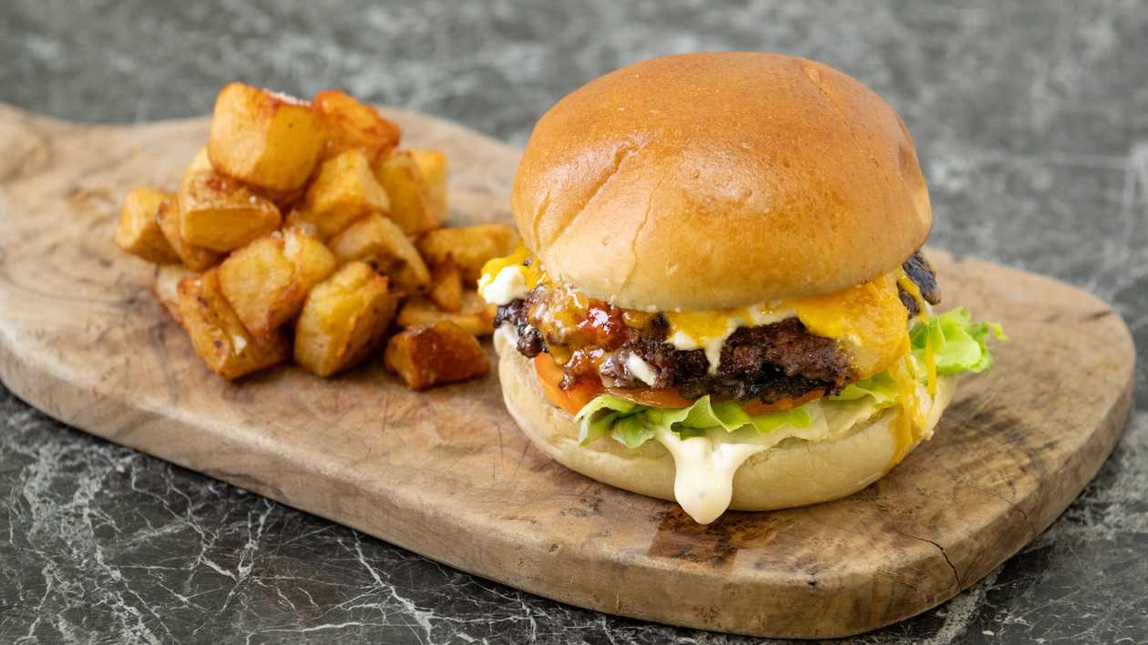 Double smashed Black Angus beef burger with cheese