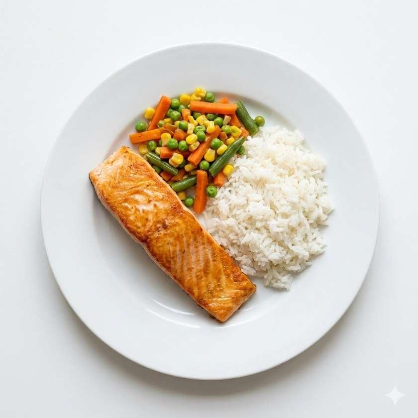 Smažený losos se zeleninou a rýží