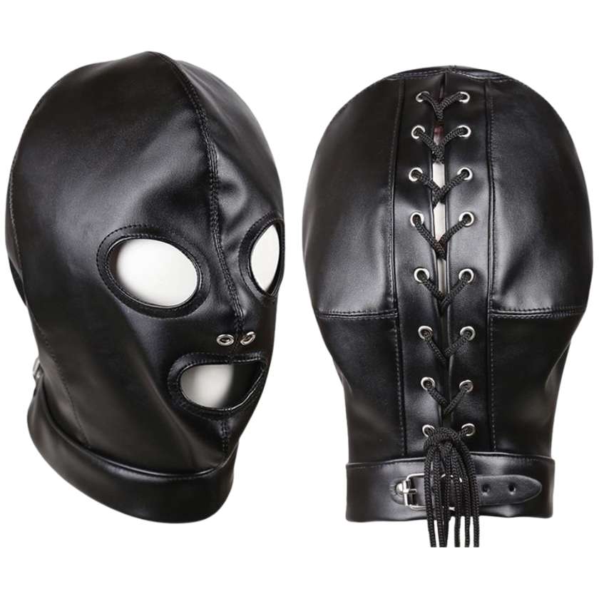 LATETOBED BDSM submission hood with adjustable back straps and eye-mouth openings