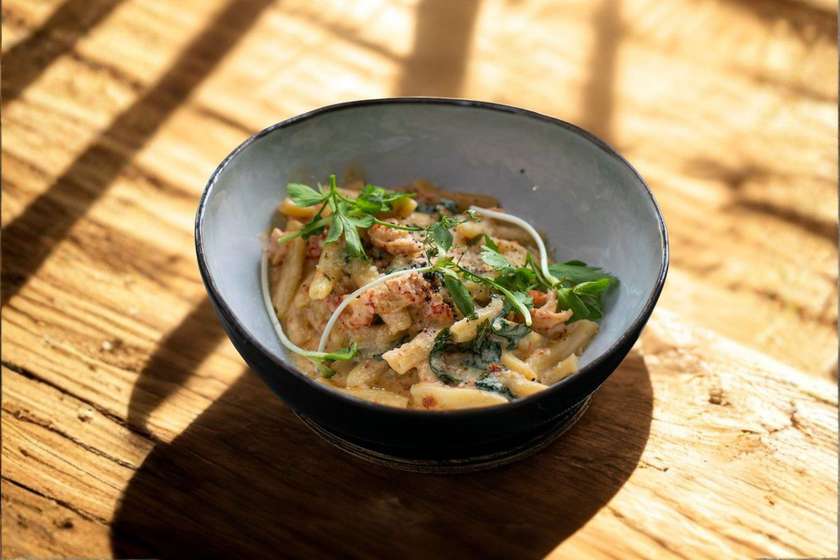 Homemade Casarecce Pasta with Crayfish Tails and Spinach