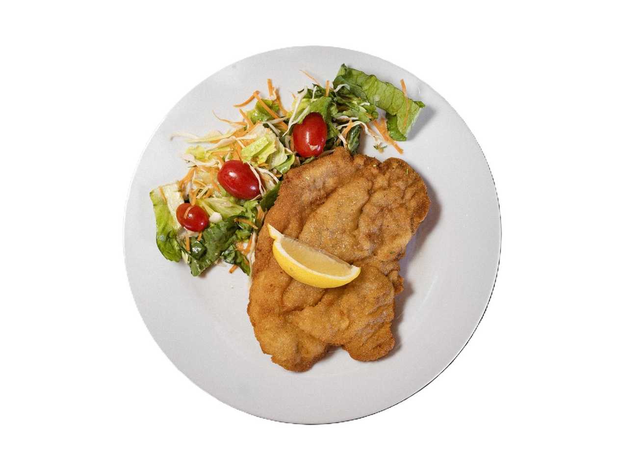 3. 200g Fried Pork Schnitzel with Fries, Lemon and Pickle