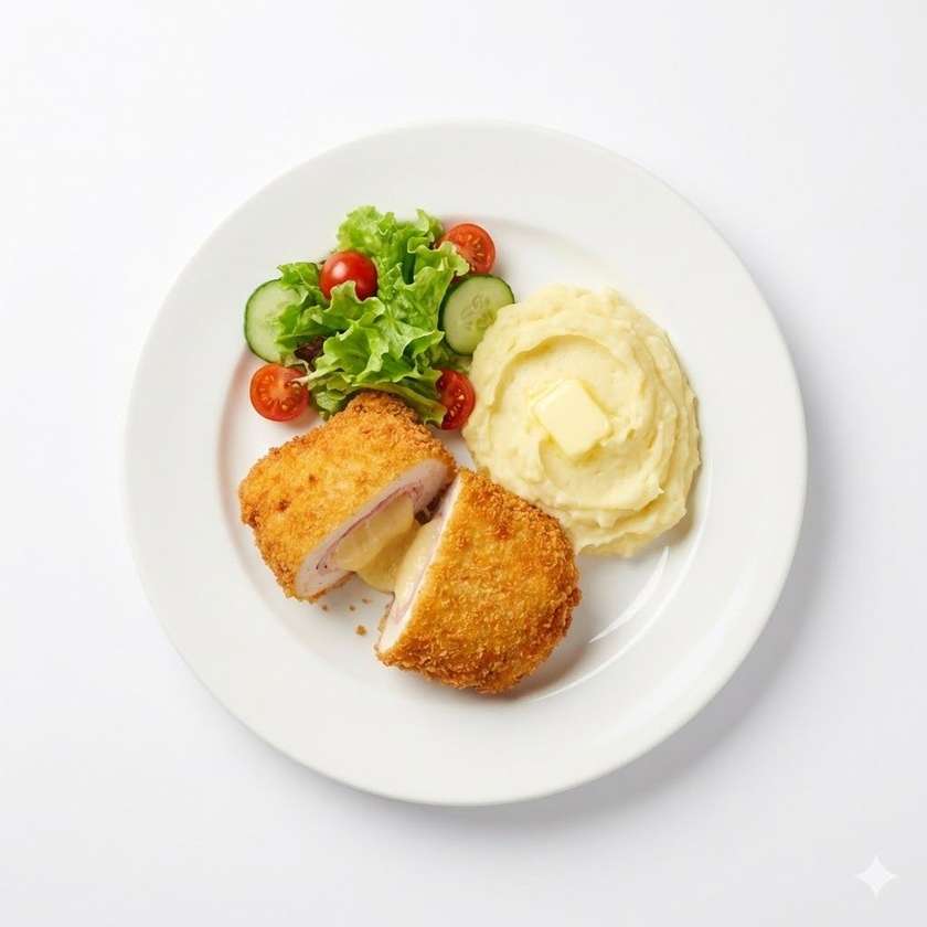 Gordon Bleu, mashed potatoes, salad