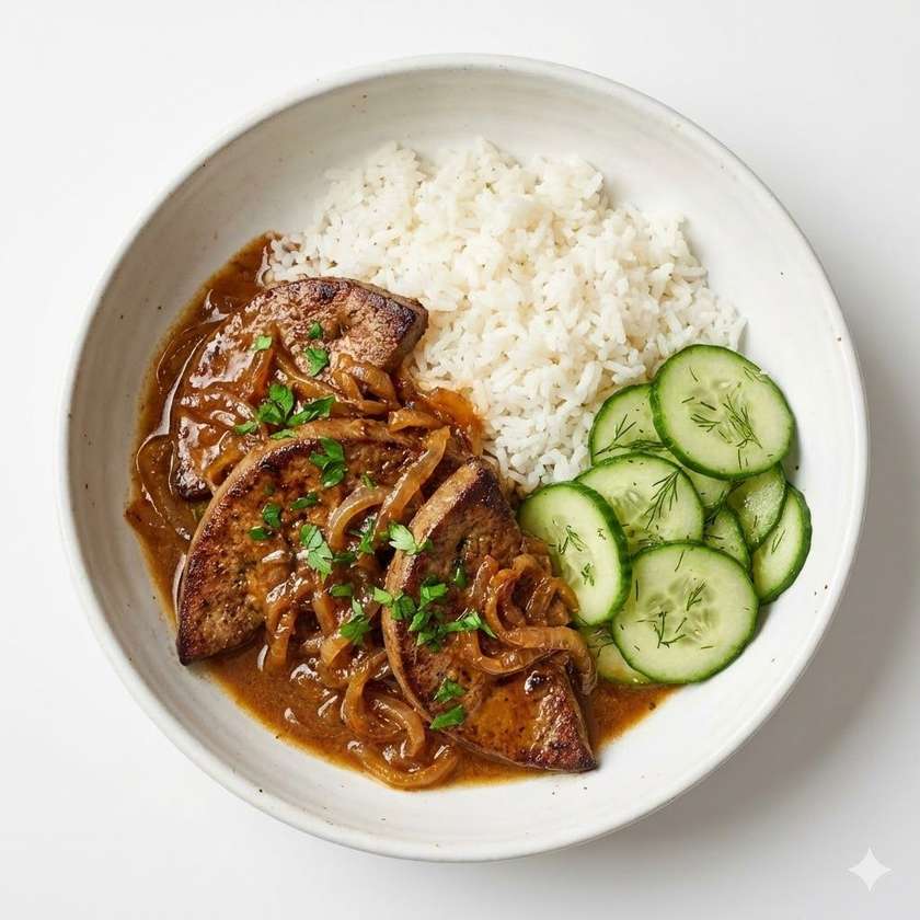 Pork liver on onion, rice, cucumber