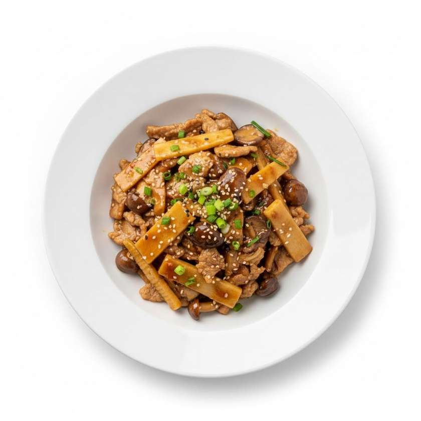 Pork with bamboo and mushrooms