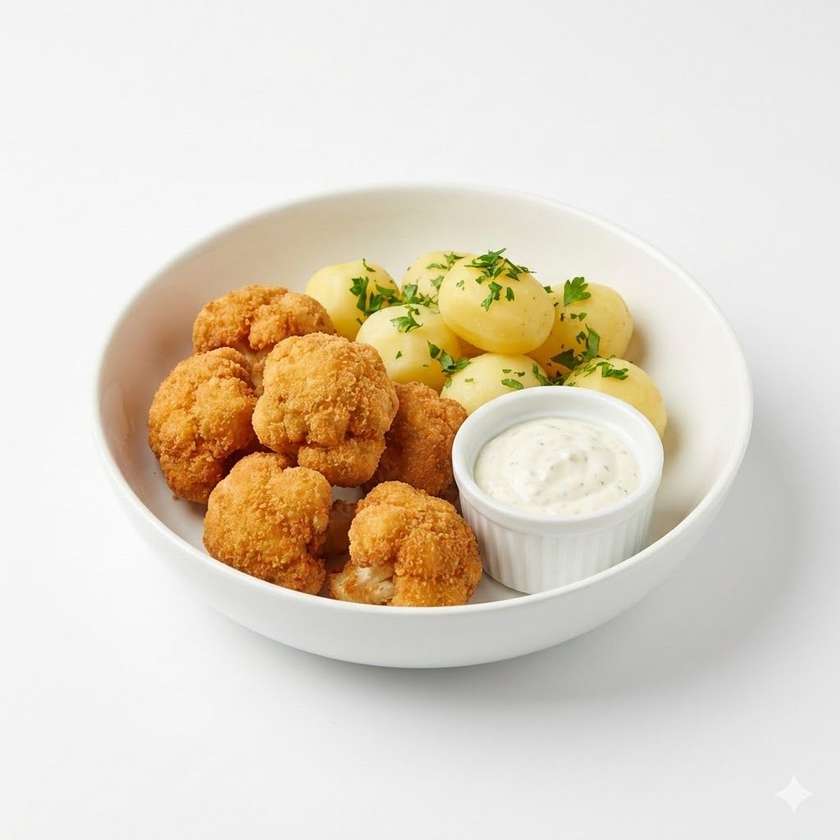 Vyprazany karfiol, zemiaky, tatarska omacka