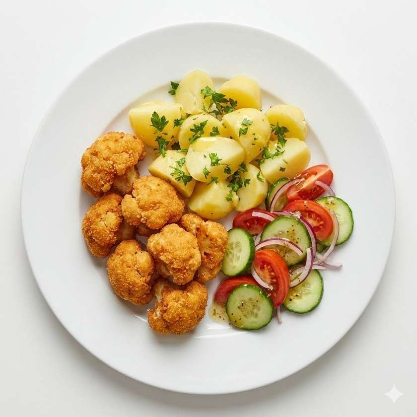Fried cauliflower, potatoes, salad
