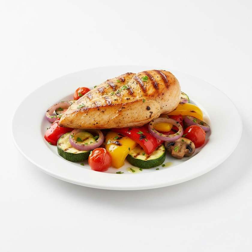 Chicken steak on a bed of grilled vegetables