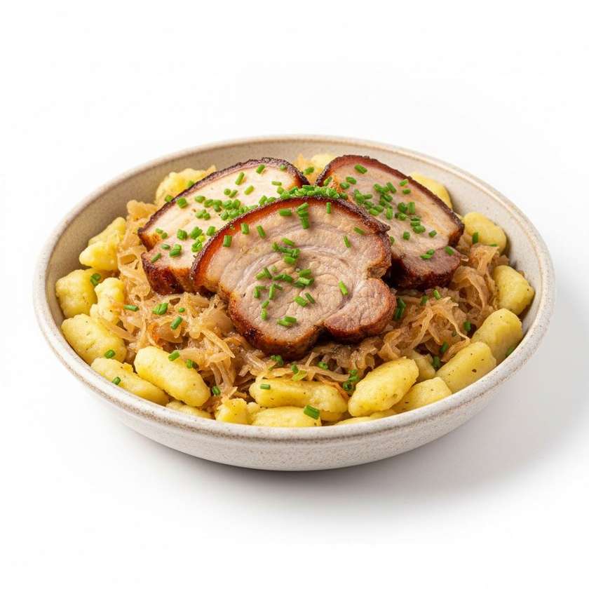 Domáce strapačky s kyslou kapustou a pečenou krkovičkou 150g / 1,3,7