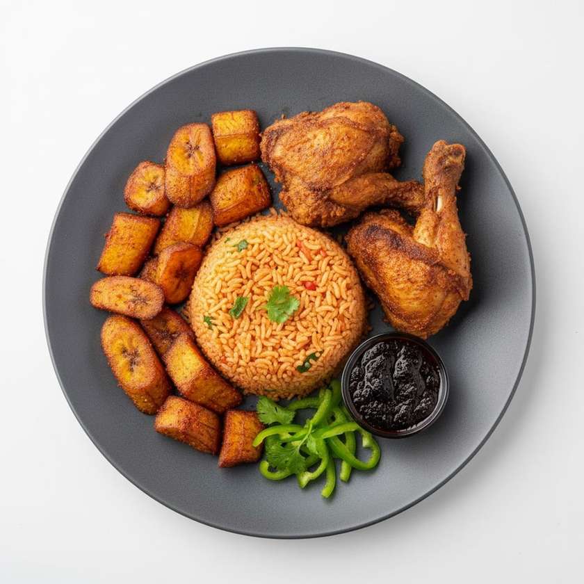 Jollof rice kelewele with chicken wings or thighs