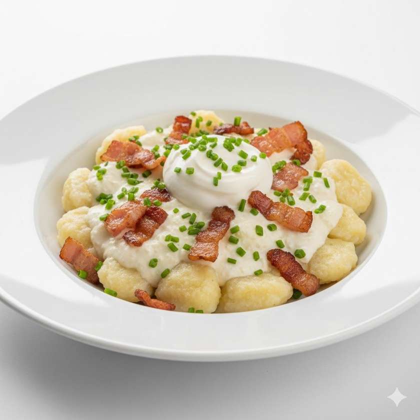 Domáce halušky s bryndzou, kyslou smotanou a slaninkou 250g / 1,3,7