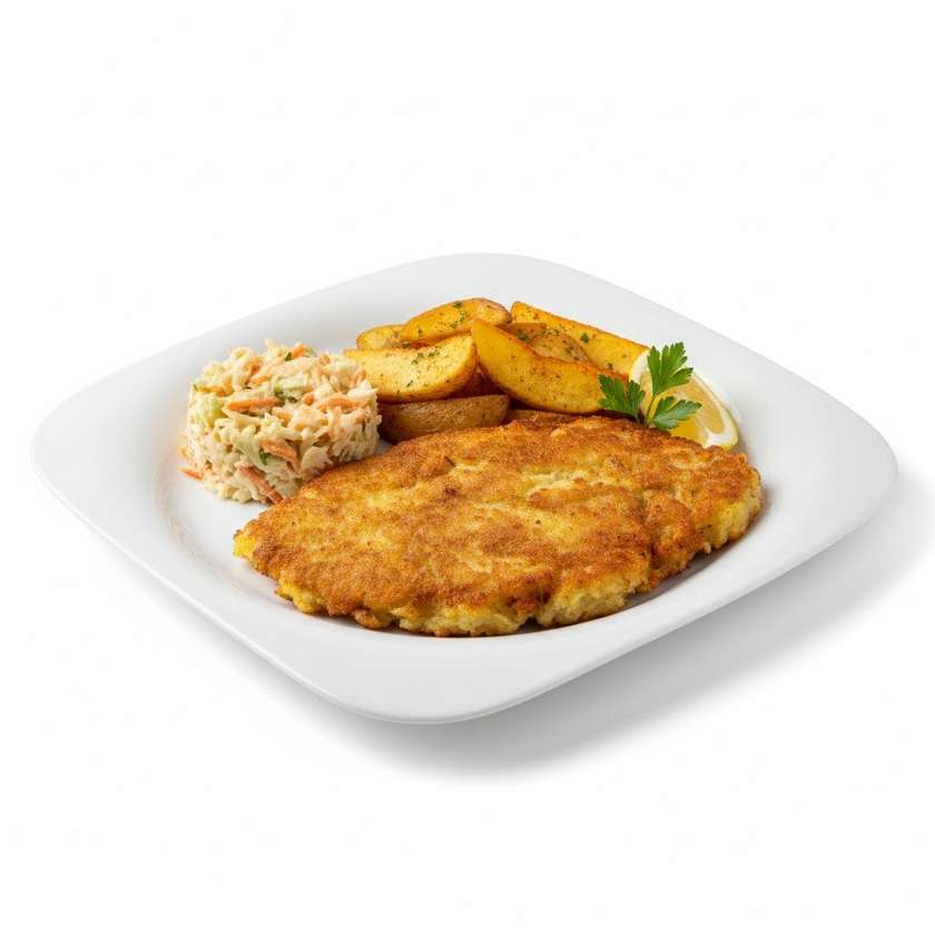 Kurací čiernohorský rezeň s pečenými zemiakmi Coleslaw šalát