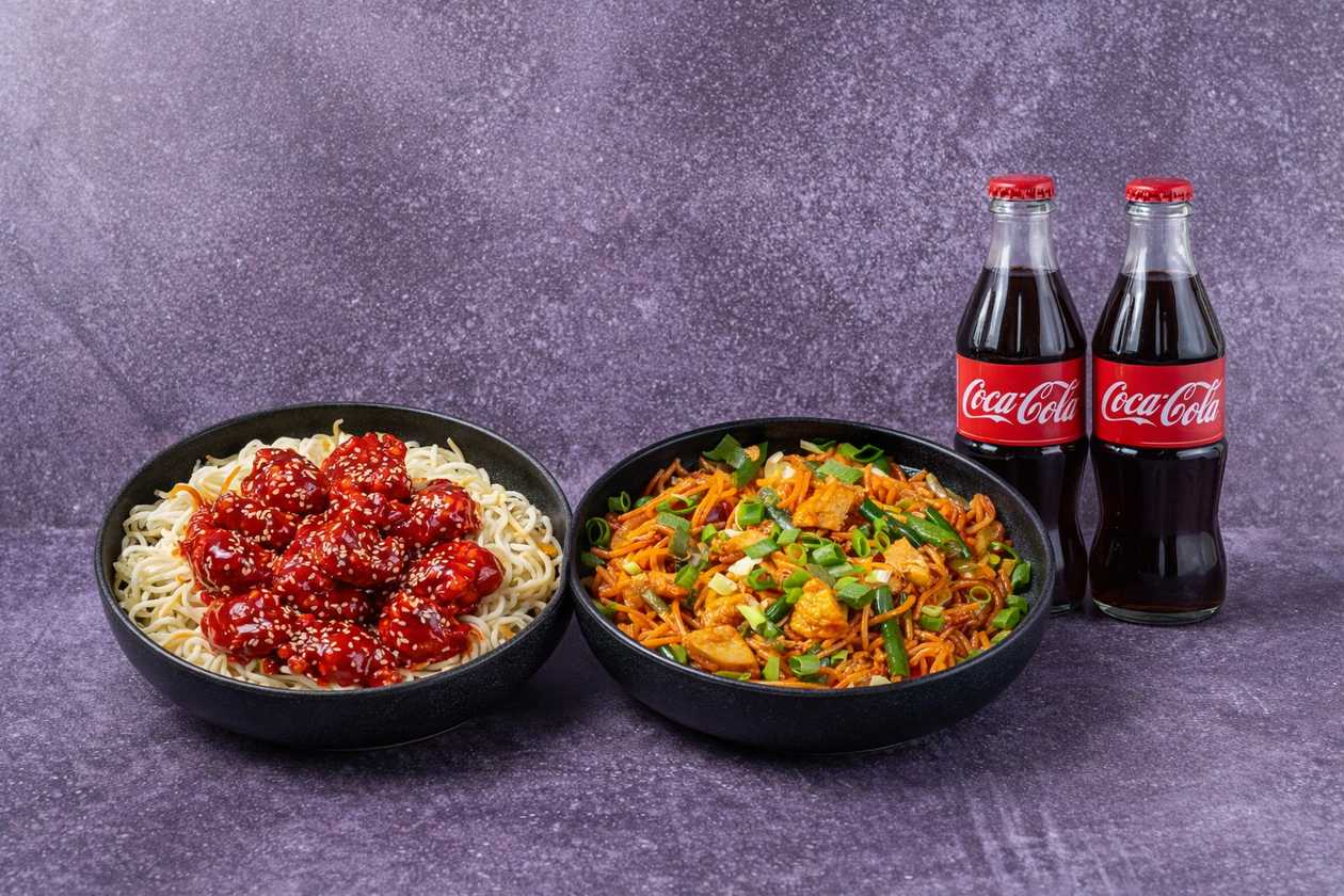 Spicy noodle wok and Honey chicken wok with drinks