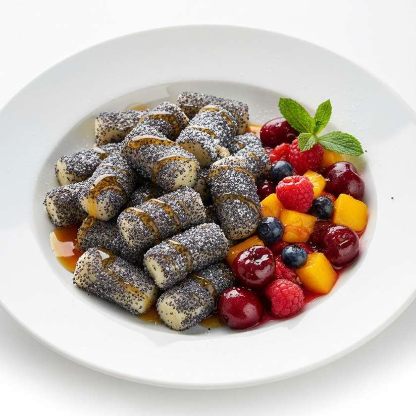 Domáce šúľance s makom, ovocným ragú  a javorovým syrupom