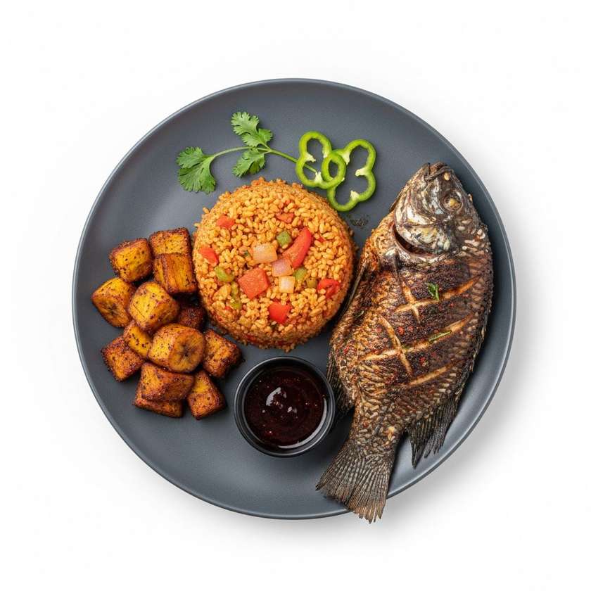 Gari fortor, kelewele and grilled tilapia